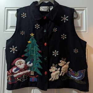 Tantrums Vintage Black Corduroy Christmas Vest Size L